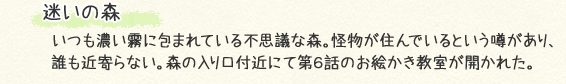 迷いの森　いつも濃い霧に包まれている不思議な森。怪物が住んでいるという噂があり、誰も近寄らない。森の入り口付近にて第６話のお絵かき教室が開かれた。