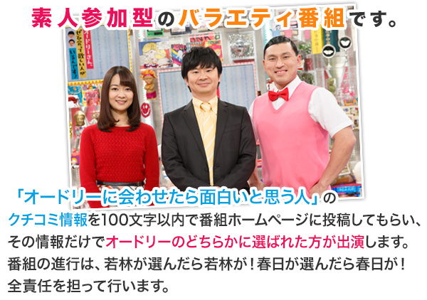 素人参加型のバラエティ番組です。「オードリーに会わせたら面白いと思う人」のクチコミ情報を100文字以内で番組ホームページ投稿してもらい、その情報だけでオードリーのどちらかに選ばれた方が出演します。番組の進行は、若林が選んだら若林が!春日が選んだら春日が!全責任を担って行います。