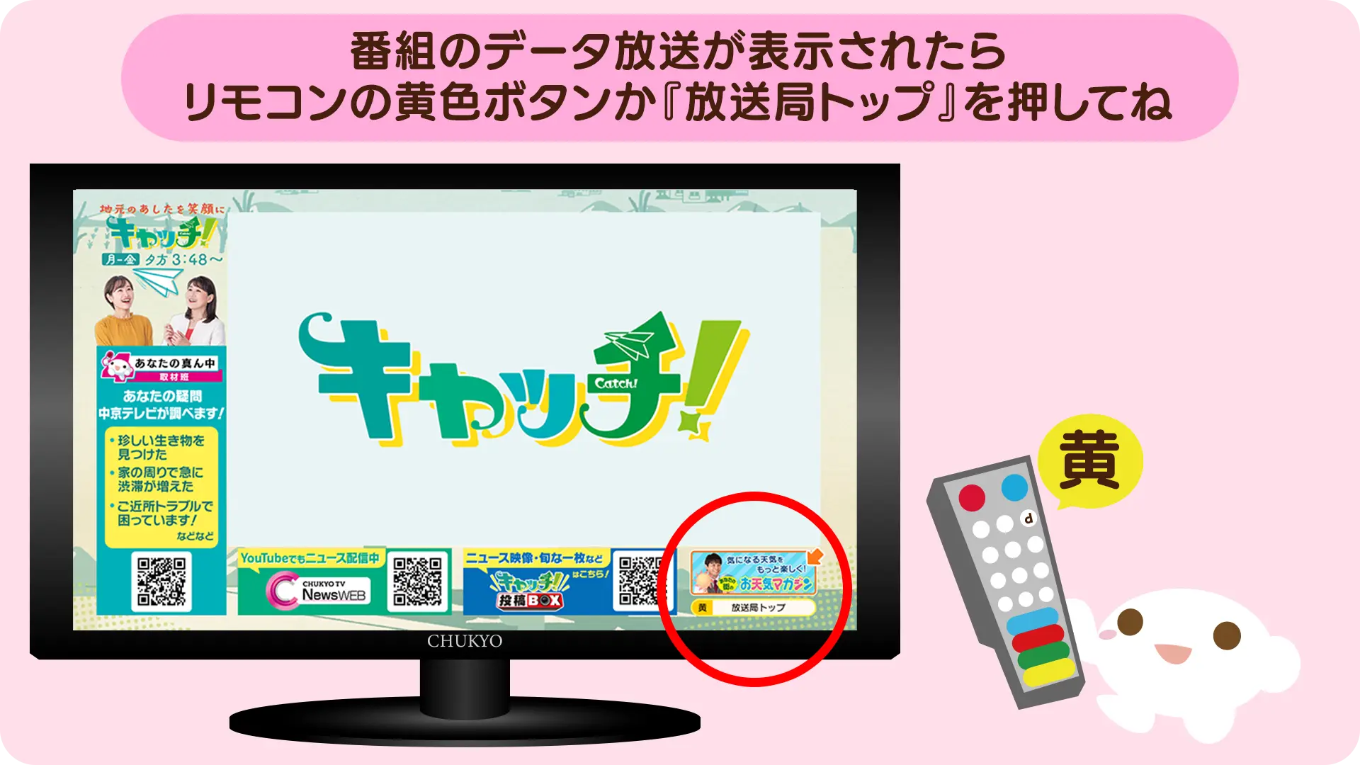 番組のデータ放送が表示されたらリモコンの黄色ボタンか『放送局トップ』を押してね