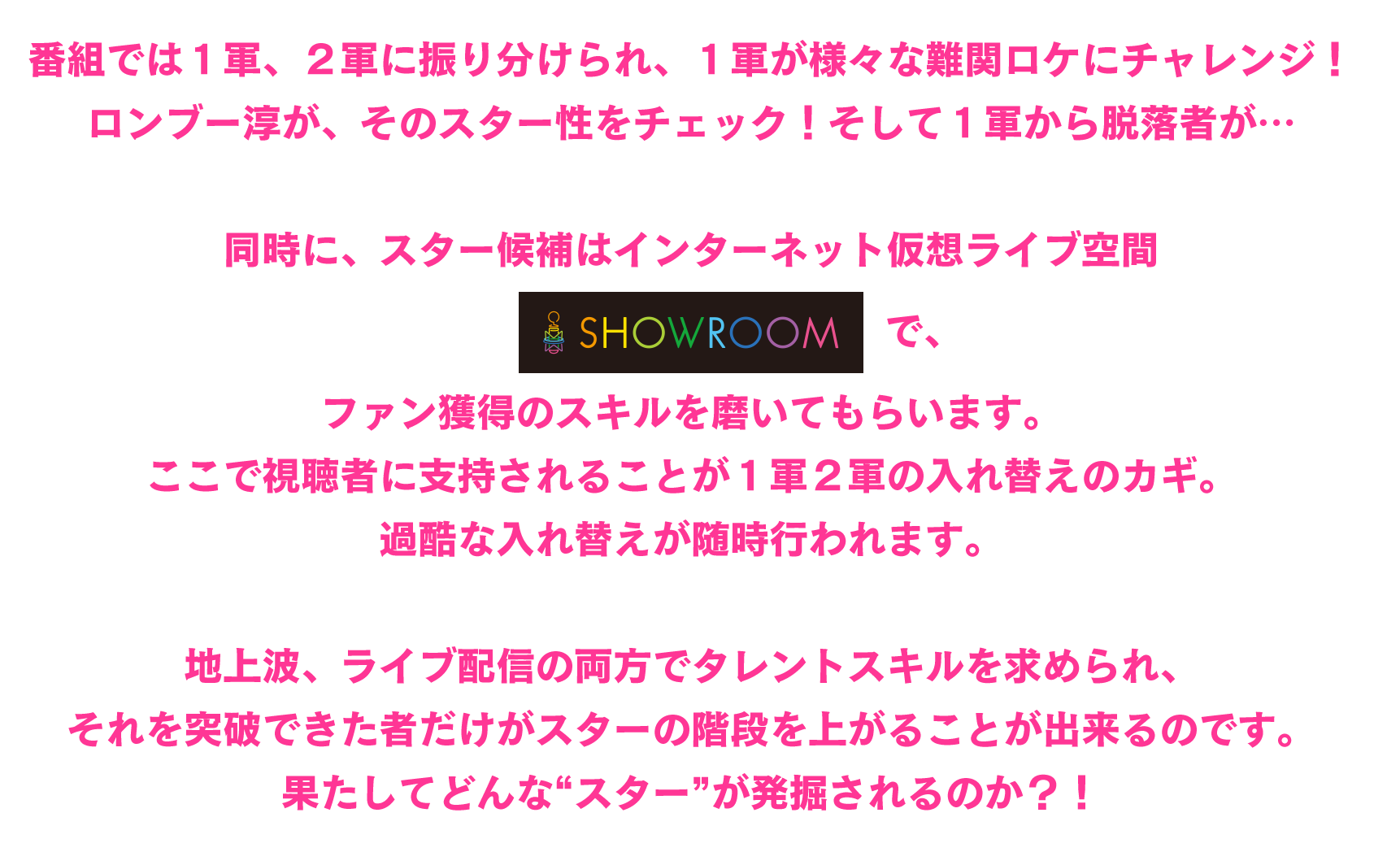 番組では１軍、２軍に振り分けられ、１軍の４人が様々な難関ロケにチャレンジ！ロンブー淳が、そのスター性をチェック！そして１軍から脱落者が…同時に、スター候補はインターネット仮想ライブ空間ＳＨＯＷ ＲＯＯＭで、ファン獲得のスキルを磨いてもらいます。ここで視聴者に支持されることが１軍２軍の入れ替えのカギ。過酷な入れ替えが随時行われます。地上波、ライブ配信の両方でタレントスキルを求められ、それを突破できた者だけがスターの階段を上がることが出来るのです。果たしてどんな“スター”が発掘されるのか？！