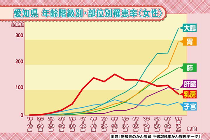 愛知県 年齢階級別・部位別罹患率〈女性〉