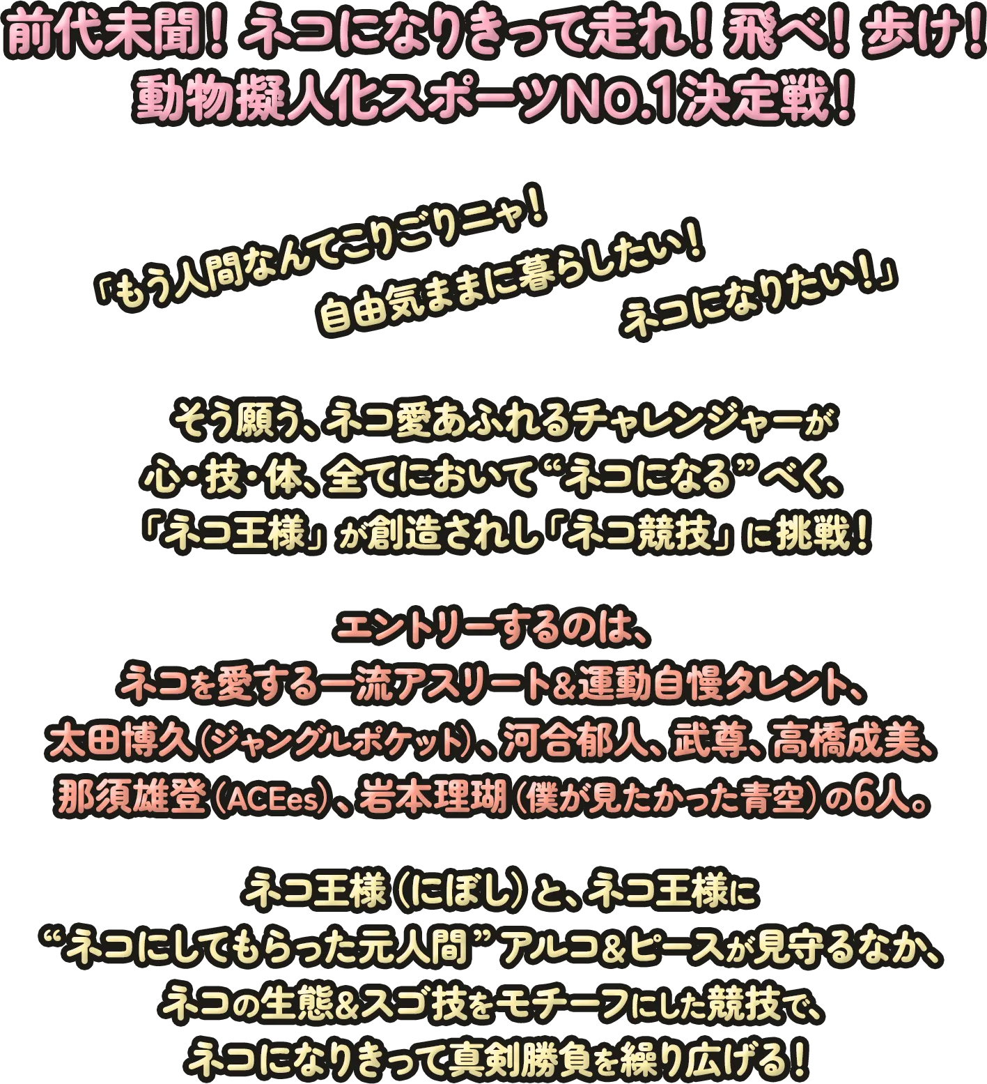 前代未聞！ネコになりきって走れ！飛べ！歩け！動物擬人化スポーツNo.1決定戦！