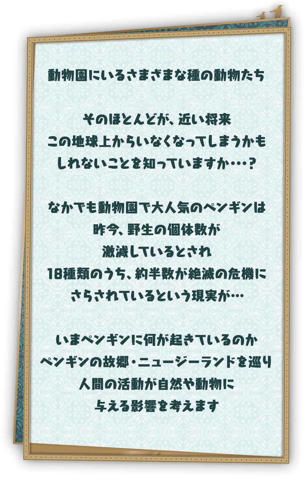 動物園にいるさまざまな種の動物たち　そのほとんどが、近い将来この地球上からいなくなってしまうかもしれないことを知っていますか・・・？　なかでも動物園で大人気のペンギンは昨今、野生の個体数が激減しているとされ18種類のうち、約半数が絶滅の危機にさらされているという現実が…　いまペンギンに何が起きているのかペンギンの故郷・ニュージーランドを巡り人間の活動が自然や動物に与える影響を考えます