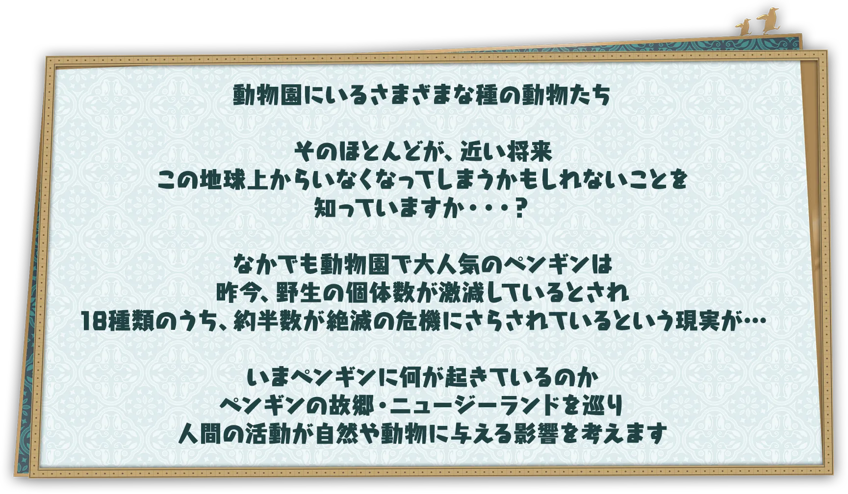 動物園にいるさまざまな種の動物たち　そのほとんどが、近い将来この地球上からいなくなってしまうかもしれないことを知っていますか・・・？　なかでも動物園で大人気のペンギンは昨今、野生の個体数が激減しているとされ18種類のうち、約半数が絶滅の危機にさらされているという現実が…　いまペンギンに何が起きているのかペンギンの故郷・ニュージーランドを巡り人間の活動が自然や動物に与える影響を考えます